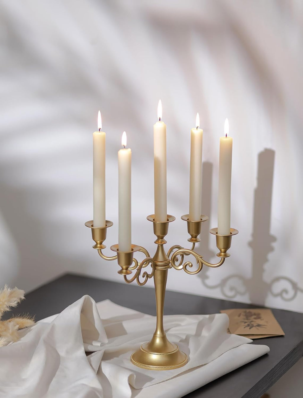 Sziqiqi Gold Candelabra | Elegant 10-Inch Table Centerpiece for Taper Candles - 5 Arms Metal Design
