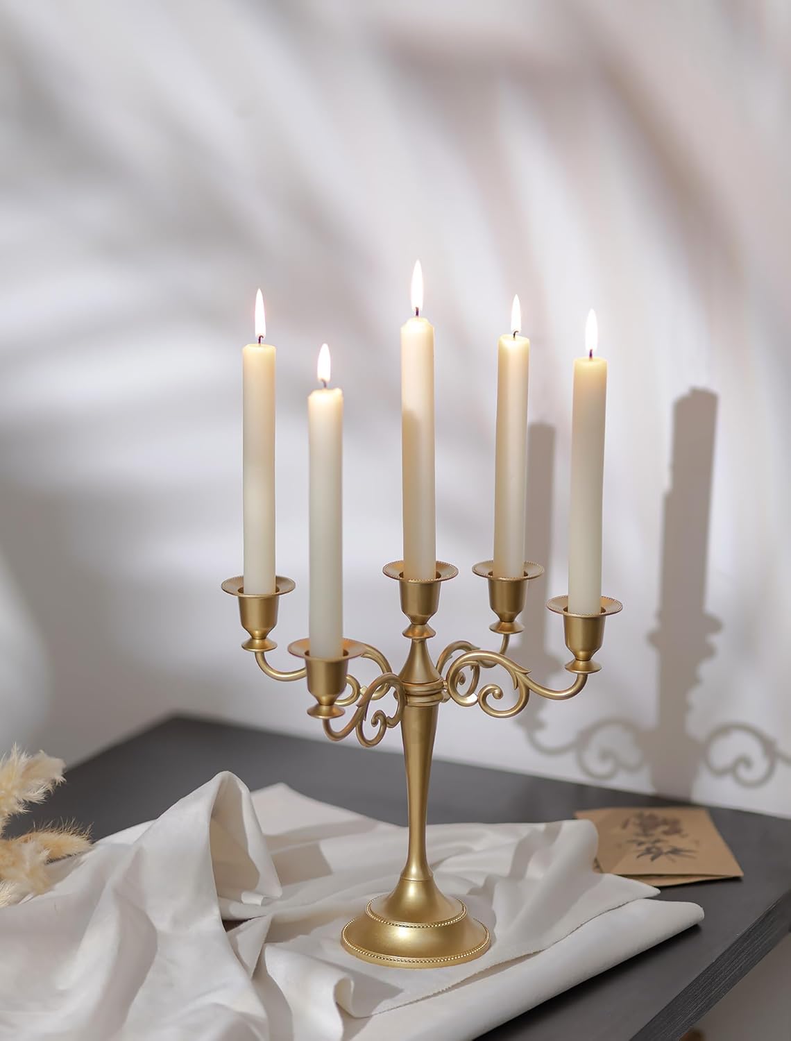 Sziqiqi Gold Candelabra | Elegant 10-Inch Table Centerpiece for Taper Candles - 5 Arms Metal Design