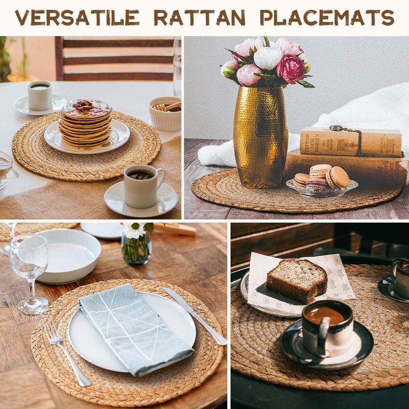 13.8 in Round Boho Placemats Table Mats Set of 8, Farmhouse Rustic Woven Plate Charger for Dinner Plates, Rattan Jute Wicker Braided Place Mats Chargers for Dining Table Decor