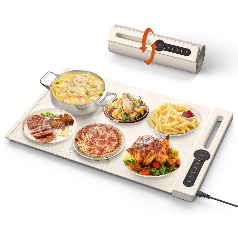 RawecuDex Food Warming Mat 2025, Thicken Fast Heating Silicone Electric Warming Tray, 2 Heating Areas, 7 Level Temperature and 6 Timer, Food Heating Mat for Countertop Parties Home Travel