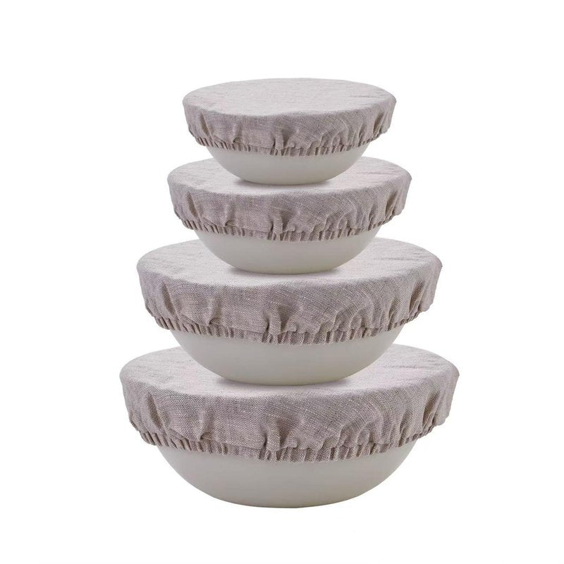INYOWAKI 100% Pure Linen Bowl Covers For Bread Proofing, 4 Pcs Elastic Reusable Solid Color Cloth Fabric Bowl Covers,XL Organic Washable Large Stretch Sourdough Lids 6 * 8 * 10 * 12 Inches, Linen