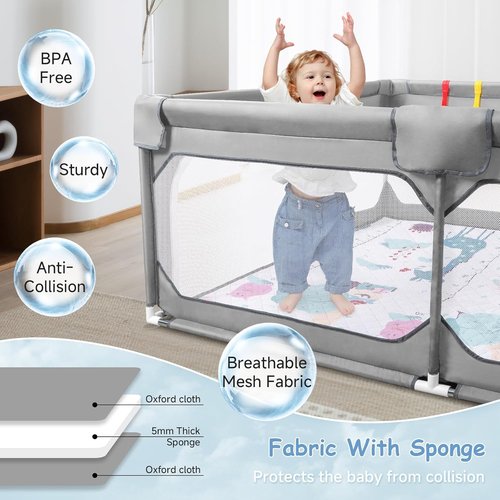 JINXIA Baby Playpen - Large 50" x 50" Soft Mesh Safety Play Yard for Indoor & Outdoor Fun - Grey