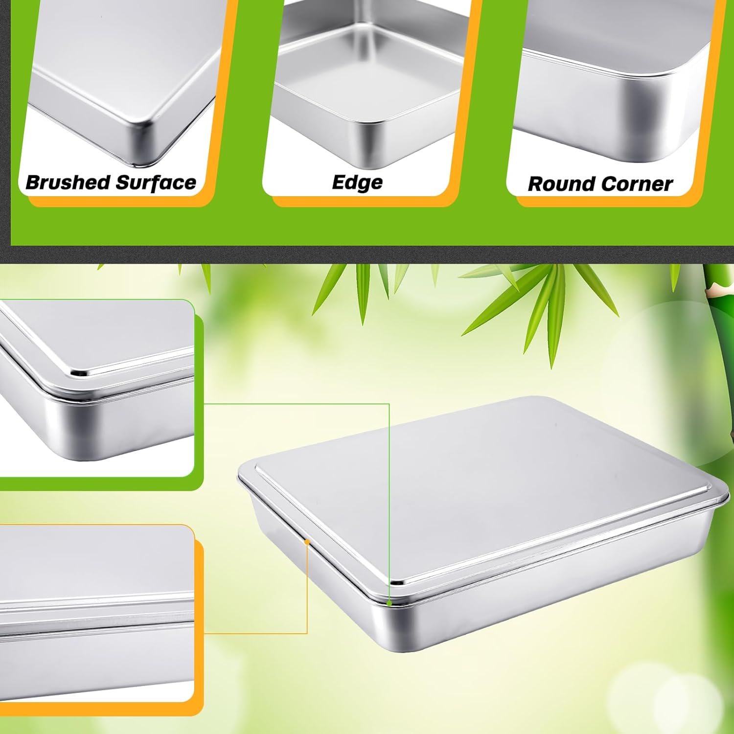 Tioncy Stainless Steel Cake Pan Set - 3 Rectangular Baking Pans with Lids | 13, 11, 9 Inch for Versatile Baking