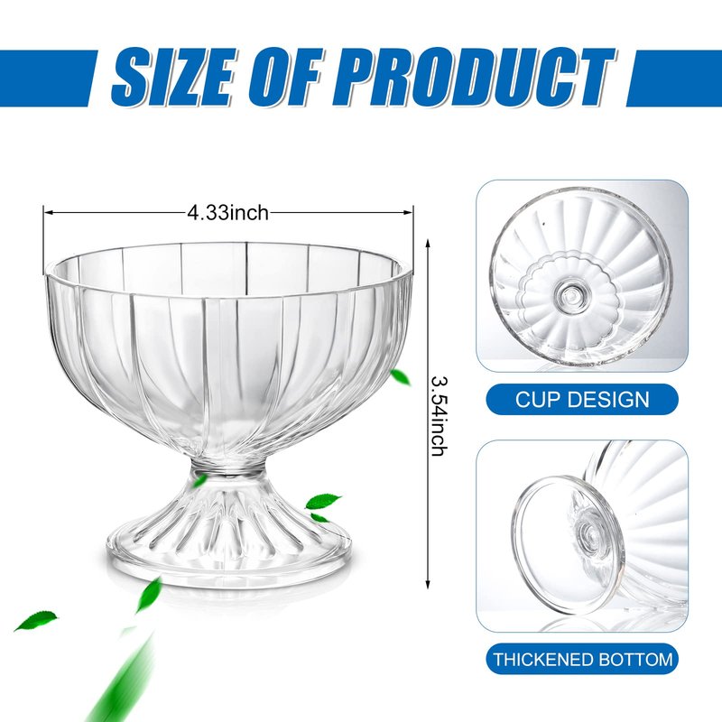 Meanplan 12 Pcs Acrylic Ice Cream Bowls 10 oz Clear Dessert Bowls with Footed Ice Cream Cups Cute Plastic Trifle Tableware for Serving Sundae Salad Fruit Snack Holiday Party