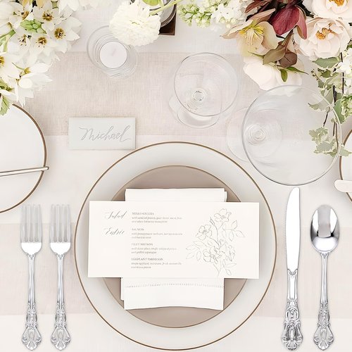 Joyido 40PSC Silver Plastic Cutlery - Vintage Silver Disposable Silverware - Heavyweight Plastic Utensils with 20 Forks, 10Knives, 10 Spoons For Catering, Parties, Dinners and Weddings