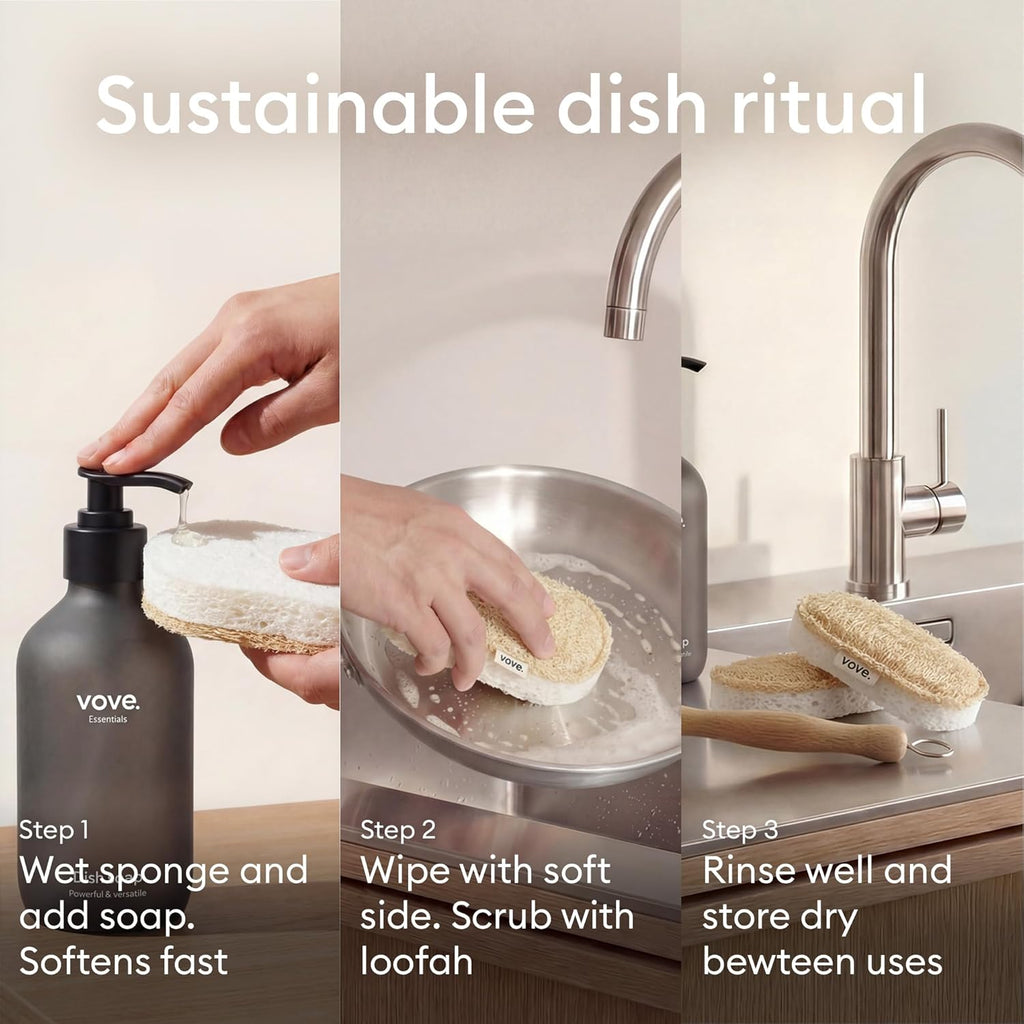 Vove Scrub Sponges - Eco-Friendly Loofah Dish & Kitchen Sponges | 4 Pack with Natural Cellulose & Cotton