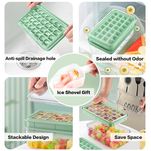 Longzon Ice Cube Tray with Lid and Bin, 56 Pcs Ice Cube Trays for Freezer, Ice Cube Mold, Ice Molds Spill-Resistant Removable Lid & Ice Scoop, Ice Mold for Whiskey Cocktail, Tea, Coffee -Green