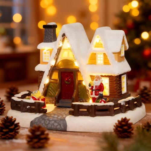LED Lighted Village House - 6.9 Inch Triangular Christmas Decoration with Santa Claus Statue | Holiday Home Decor