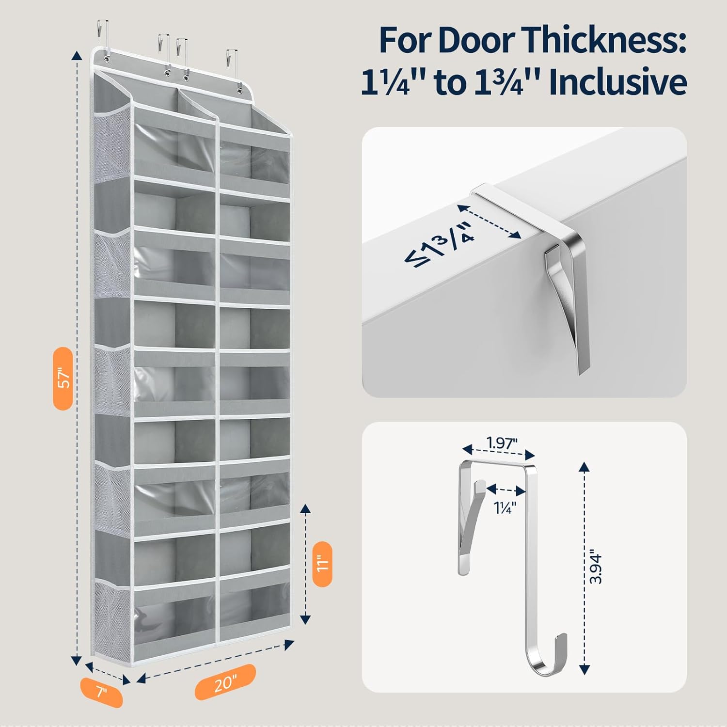 Yecaye 5-Tier Over The Door Organizer - Heavy Duty Dual-Column Storage with 10 Compartments - Grey