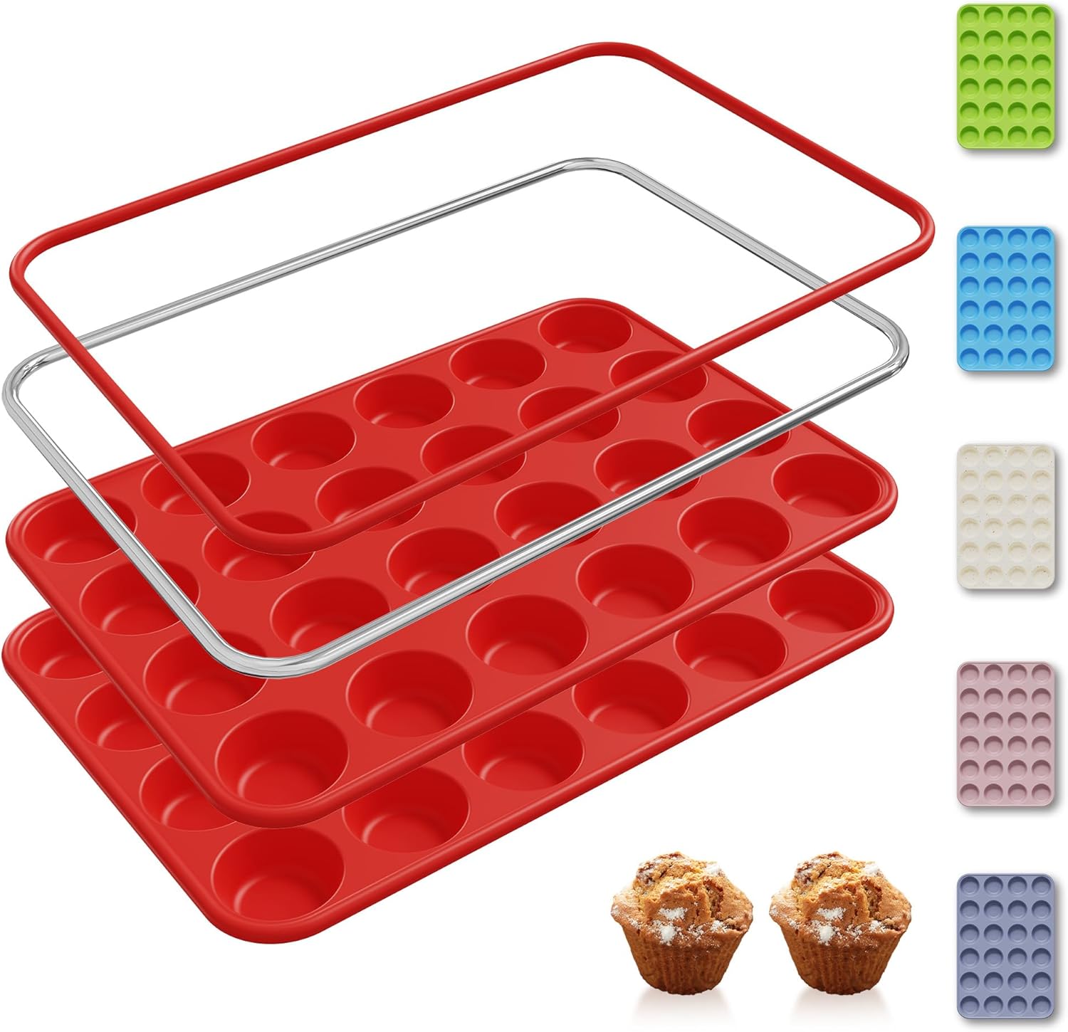 Socisen Silicone Mini Muffin Pan - 24 Cups with Metal Reinforced Frame | Ideal for Baking Cupcakes & Cheesecakes