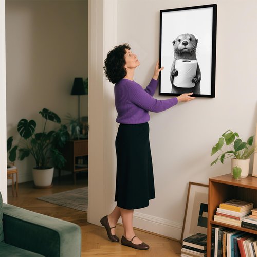 Framed Black and White Bathroom Canvas Wall Art, Funny Animal Bathroom Decor Cute Otter Holding A Roll of Toilet Paper Picture Modern Humor Painting Wall Decor Ready to Hang 24'' x 16''