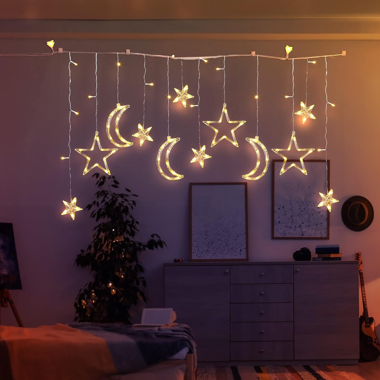 Riakrum LED Star and Moon String Lights - 11.48 ft Waterproof Warm White Fairy Lights for Bedroom | USB Powered Decor