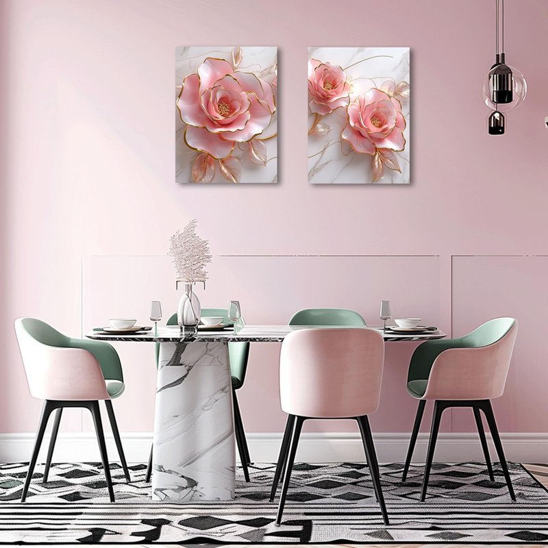 PBXBJY Pink Rose Flower Wall Art Modern Wall Decor Abstract Gold and Pink Canvas Painting Floral Marble Prints for Bedroom Bathroom Decor ((16.00" x 24.00" x 2PCS))