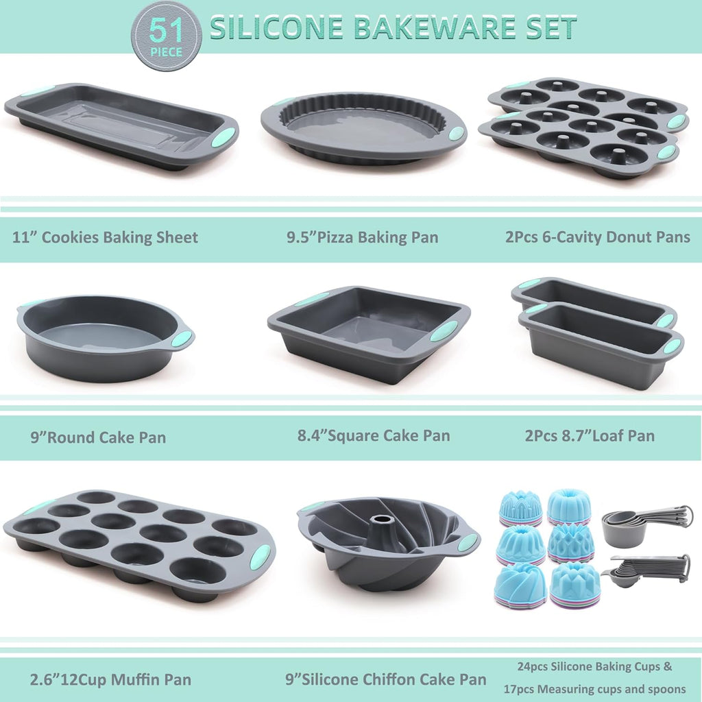 Tongjude Silicone Bakeware Set - 51 Pieces Non-Stick Baking Pans with Muffin, Cake, and Loaf Molds
