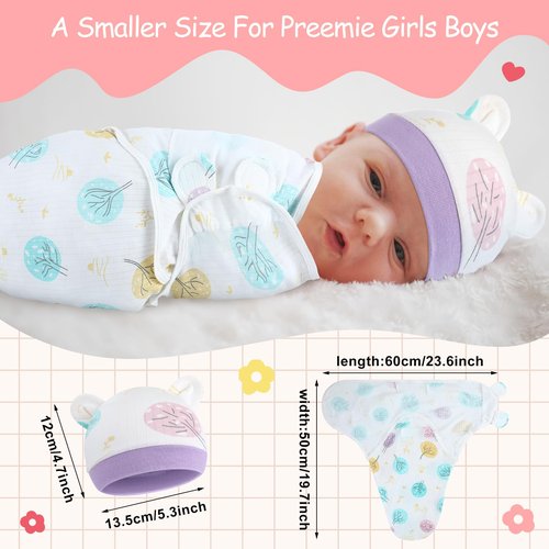 Buryeah 4 Pack Preemie Swaddle Blanket Wrap Set with Hat for Baby Boys Girls 3-7 Lbs Preemie Newborn Clothes Sleepers Cap(Purple,Flower)