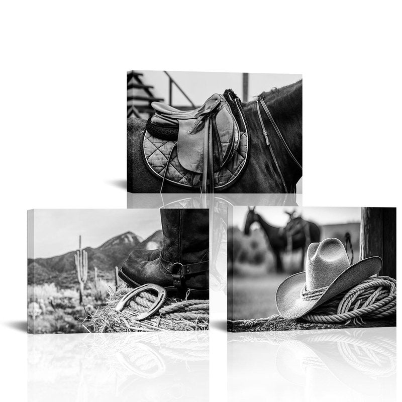 OuElegent Black and White Cowboy Canvas Prints American West Rodeo Wall Art Painting Rope Stetson Hat Horse Saddle Picture Prints for Office Living Room Bedroom Wall Decor Framed 16"x24"x3pcs