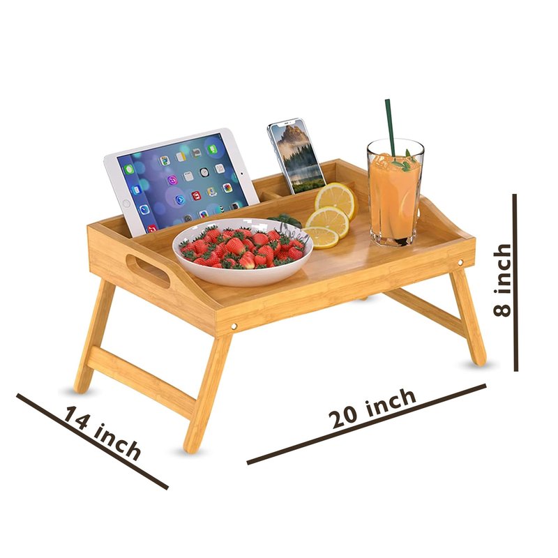 Bamboo Bed Tray with Folding Legs, Portable Serving Tray for Breakfast in Bed, Reading, Working or Picnics (Large)