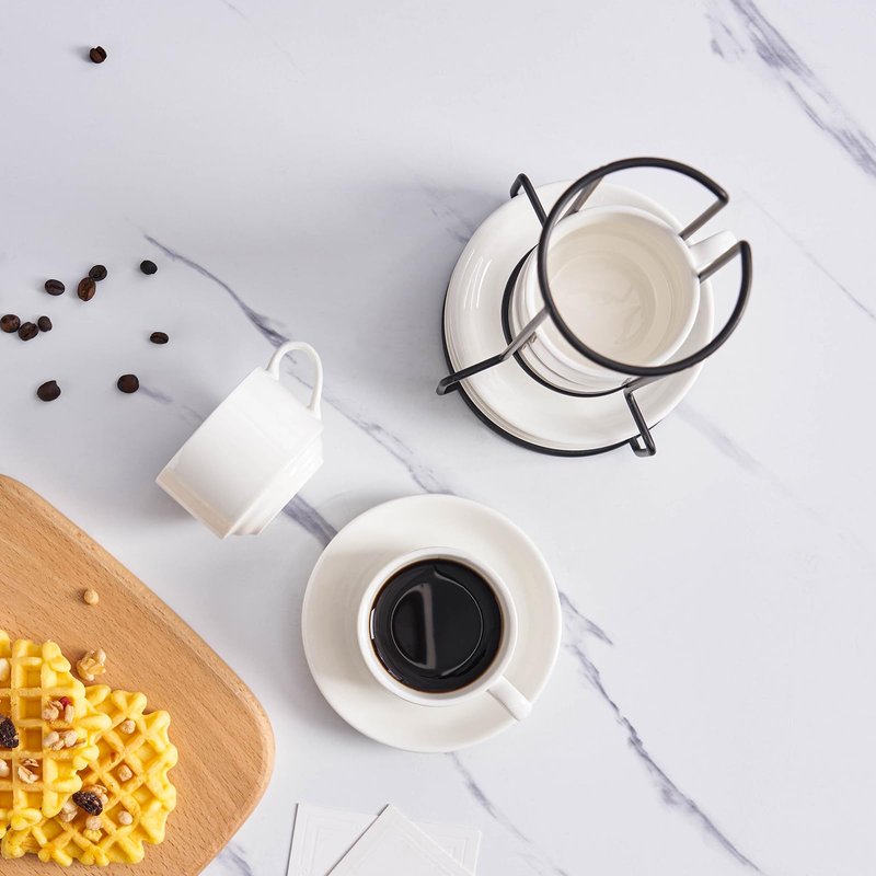 YOLIFE 2.5oz Espresso Cups Set of 4, Porcelain Stackable Espresso Cups with Saucers and Metal Stand, Expresso Shots Cup -White