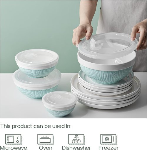 DOWAN Mixing Bowls Set - Ceramic Serving Bowls with Lids for Food Storage | 4-Piece Turquoise Set (64/32/24/12 Oz)