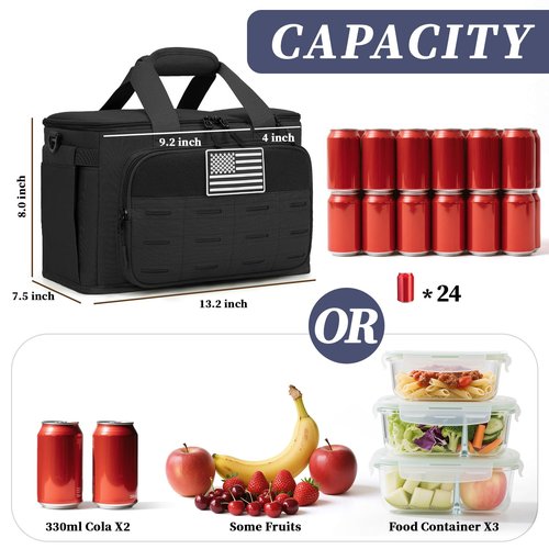 ZOMFELT Lunch Box for Men Women, 14L Tactical Insulated Lunch Bag with Dual Compartment, Leakproof Adult Lunch Bags with Shoulder Strap, Cooler Tote Box for Work, Beach, Picnic, Travel, Black