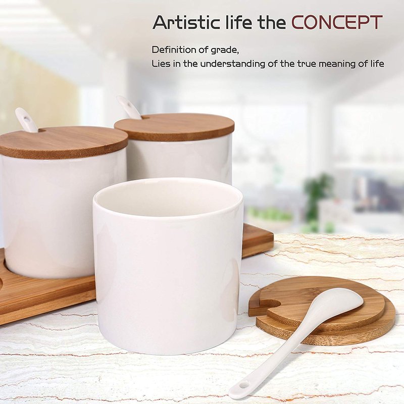 Lucky Goddness June Sky Ceramic Food Storage Containers with Bamboo Lid- Modern Design Porcelain Jar- Perfect Canister for Sugar Bowl Serving Tea, Coffee, Spice- Condiment Pot 8 oz, white