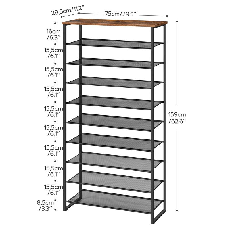 HOOBRO 10-Tier Shoe Rack for Entryway, 29.5" L Shoe Storage Organizer, Large Capacity Shoe Shelf for Closet, Front Door Entrance, Hallway, Holds 36-40 Pairs of Shoes, Rustic Brown and Black BF107XJ01