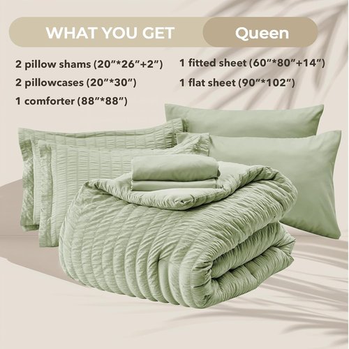 HYMOKEGE Queen Comforter Set - Light Green Seersucker 7-Piece All-Season Luxury Bedding Set