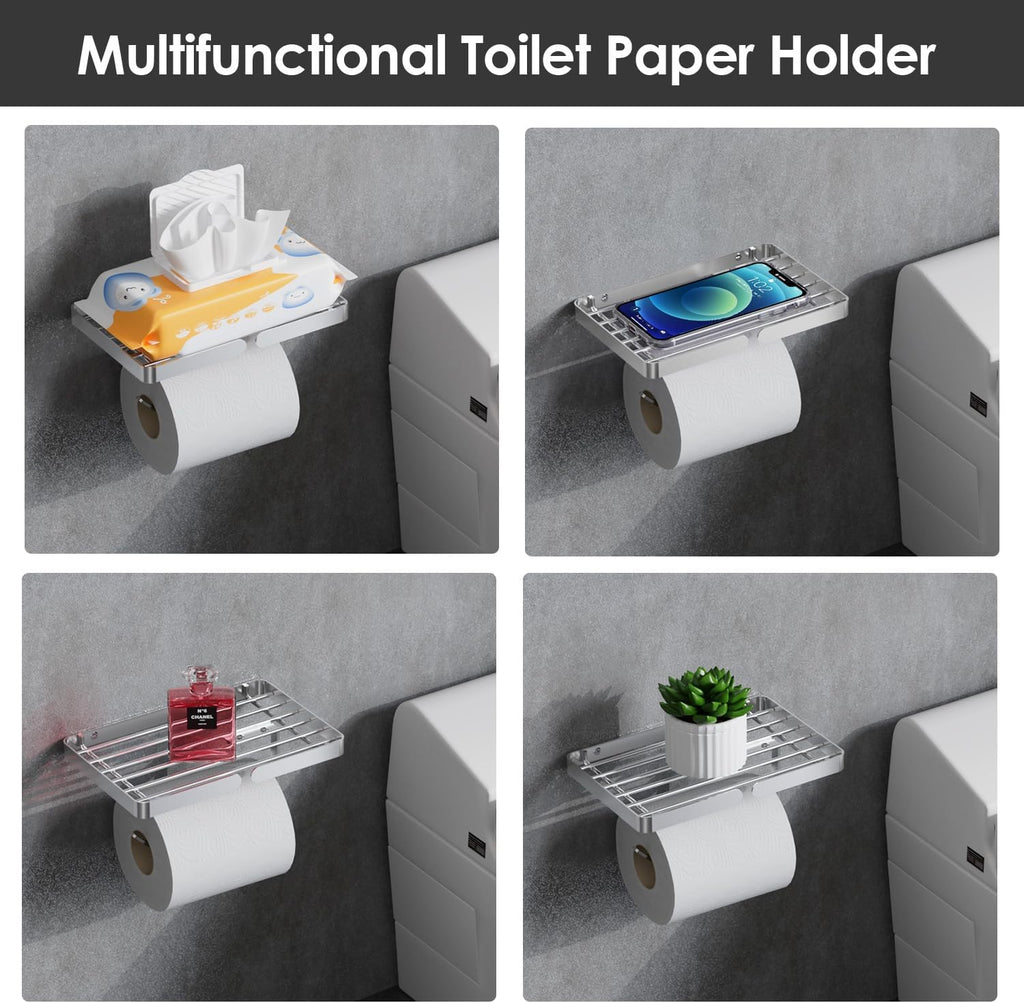 Skiennix Toilet Paper Holder - Self-Adhesive, Rustproof Stainless Steel with Wipes Holder | No Drilling Required