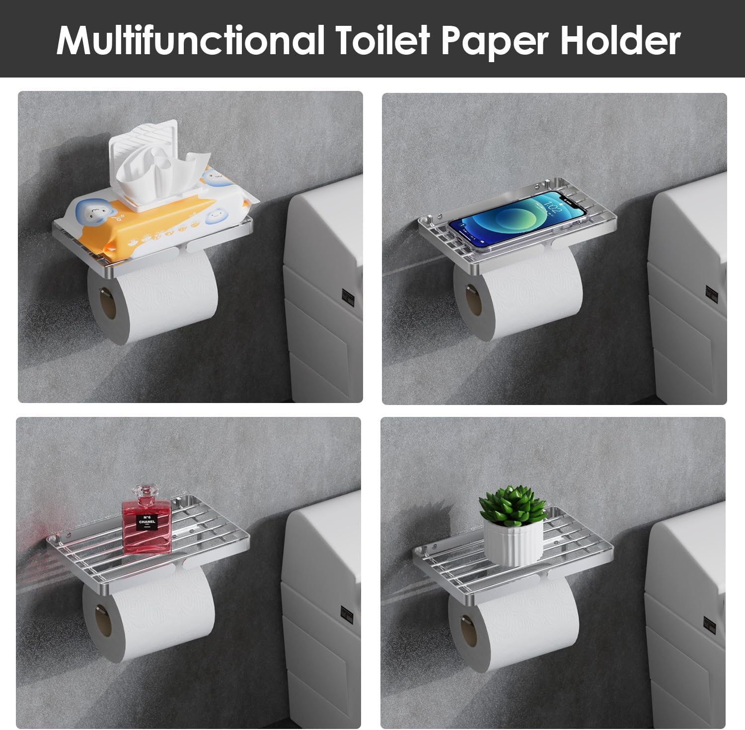 Skiennix Toilet Paper Holder - Self-Adhesive, Rustproof Stainless Steel with Wipes Holder | No Drilling Required