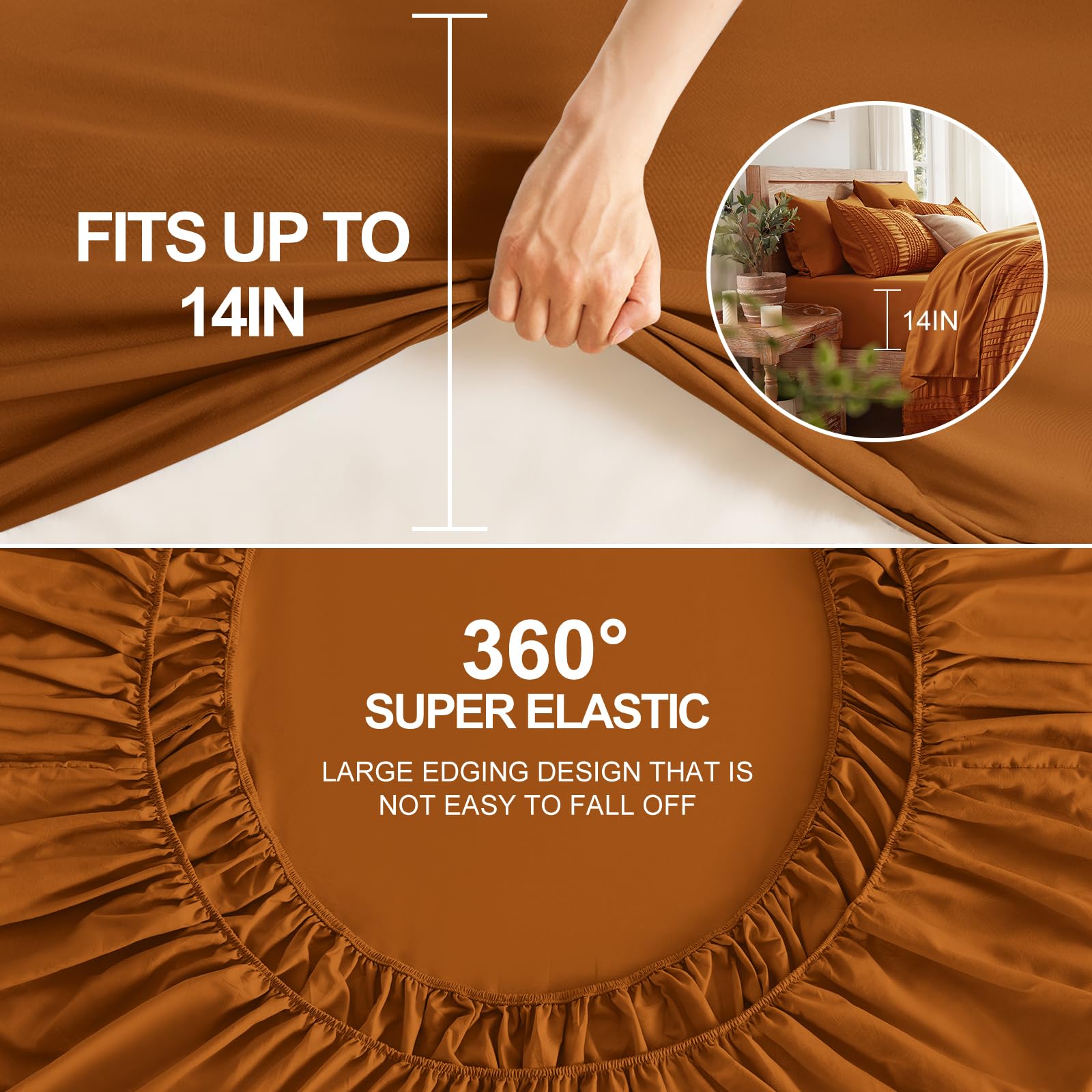 Burnt Orange Tufted Textured Comforter Set Queen Size, 7 Piece Bed in a Bag，Shabby Chic Boho Bedding for Bedroom Comforter，All Season Soft Microfiber Ruffle Comforter Set with Pillow and Sheets