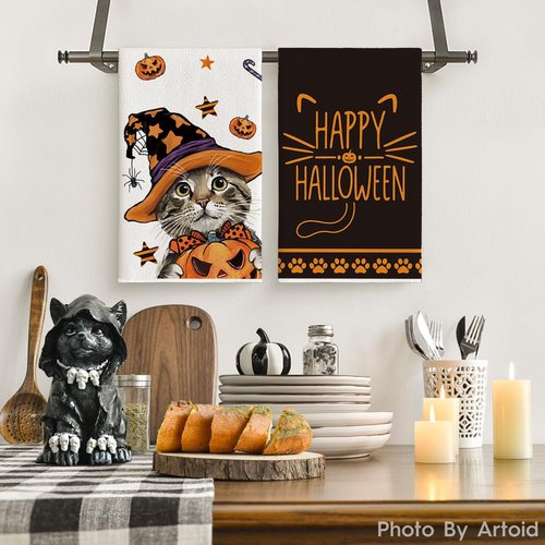 Artoid Mode Pumpkin Cat Happy Halloween Kitchen Towels Dish Towels, 18x26 Inch Spider Web Jack-O'-Lantern Decoration Hand Towels Set of 2