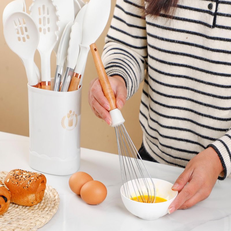 Jiufei Home 13-Piece Silicone Kitchen Utensils Set, Wooden Handle Nonstick Cooking Tools with Spatula Turner Tongs Ladle, Heat Resistant 450°F BPA-Free Dishwasher Safe Cookware Accessories (White)