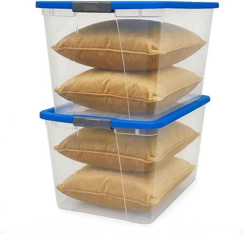 HOMZ 2-Pack Clear Plastic Storage Bins - 64 Quart Stackable Organizer with Blue Lids for Home & Office