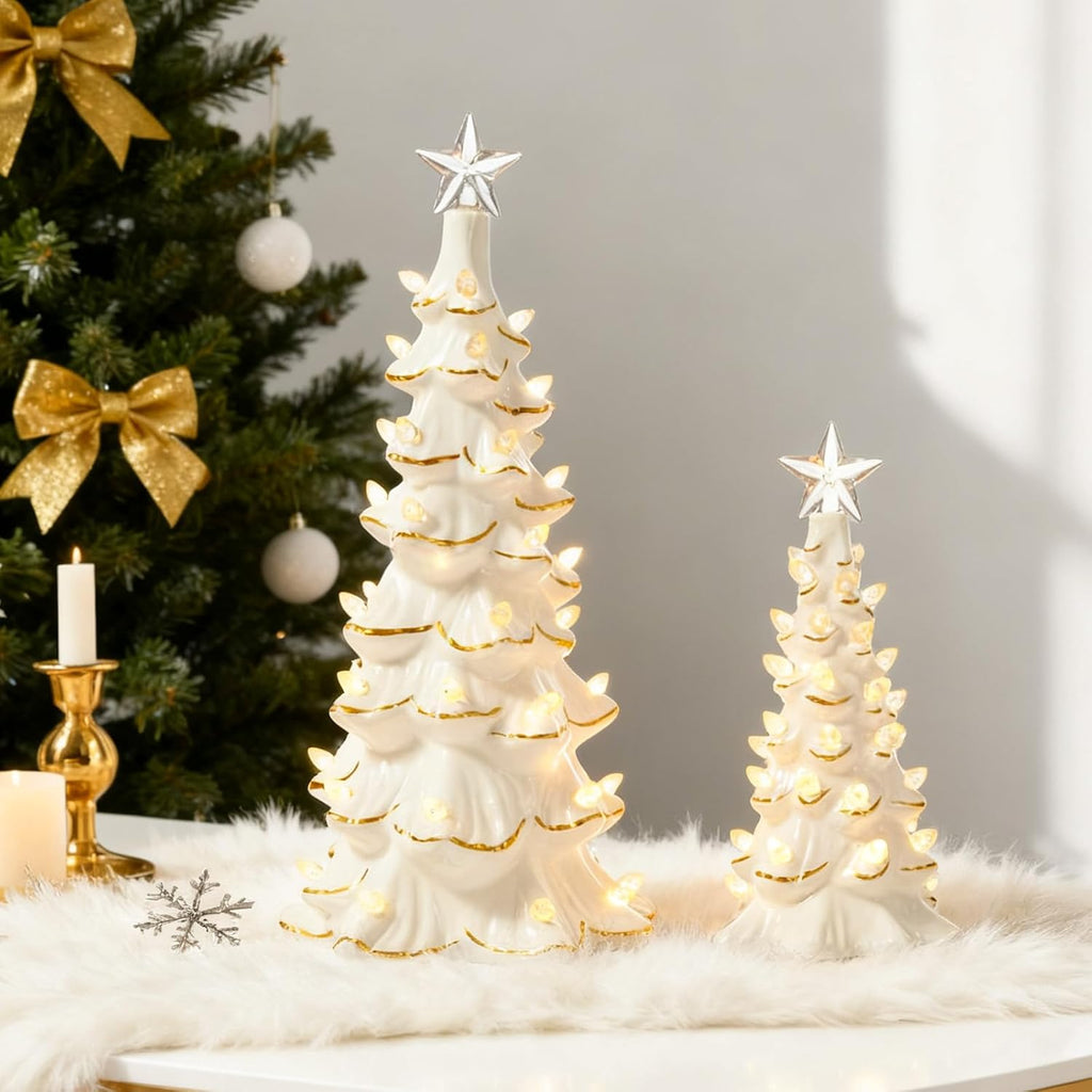 WDS WONDROUS Ceramic Christmas Tree Tabletop - Prelit White & Gold Accents | 2 Small Xmas Tree Figurines