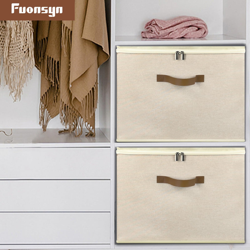 Fuonsyn 2-Pack Shoe Storage Organizer for Closet - Large Capacity Fits 16-32 Pairs, Clear Cover with Reinforced Handles, Adjustable Dividers, Dustproof Stackable Containers, Khaki