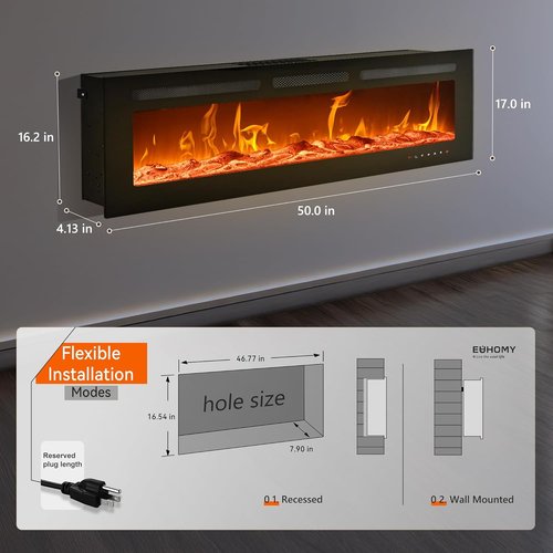 EUHOMY Electric Fireplace - 50 Inch Wall-Mounted with Adjustable Flame Color & Remote Control | Linear Design, Timer, Touch Screen