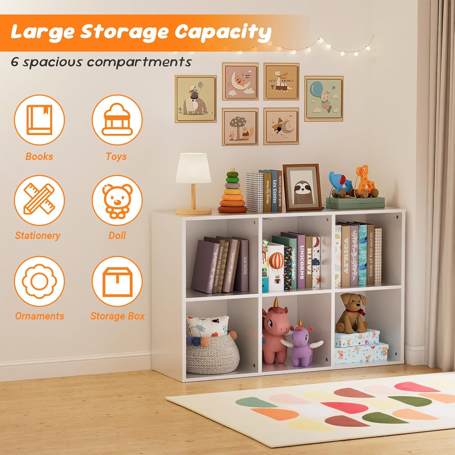 Skiennix 6 Cube Storage Organizer - White Kids Cubby Bookshelf with Anti-Tip Kit & Closed Back Panel
