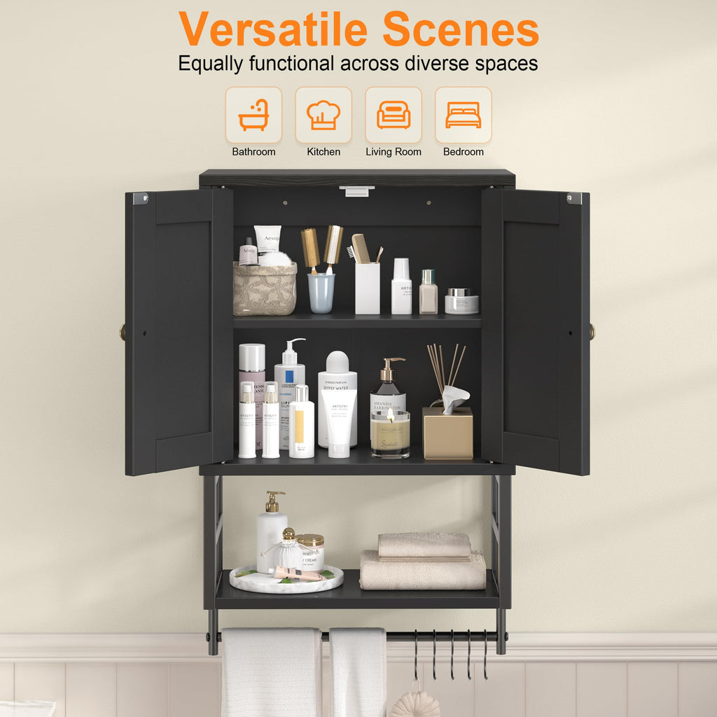 FUNHUKSON Farmhouse Medicine Cabinet - 3-Tier Wall Mounted Storage Organizer with Adjustable Shelves, Towel Bar, 5 Hooksfor Small Bathroom, Laundry Room, Over Toilet, Living Room, Bedroom (Black)