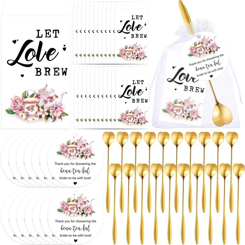 Skybooly 50 Sets Bridal Shower Tea Party Favors for Guests Heart Spoon Kraft Paper Envelopes for Tea with Thank You Cards and Organza Bags Wedding Souvenir Gifts