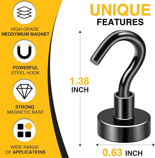 DIYMAG Magnetic Hooks - Heavy Duty 30lbs Capacity | Strong N52 Magnets for Home & Travel - 10 Pack Black