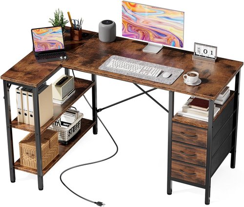 DUMOS L-Shaped Desk - 47-Inch Brown Corner Computer Desk with Power Outlet & Adjustable Shelves
