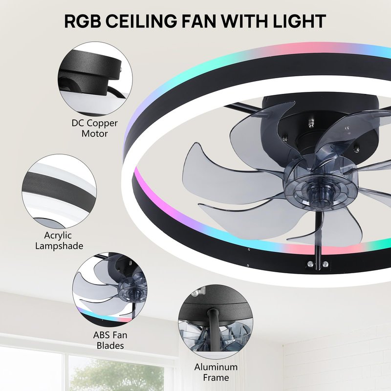 ORITHAM RGB Ceiling Fans with Lights, 16" Fandelier Low Profile Ceiling Fan with Light, Modern Flush Mount Ceiling Fan Light with Remote/APP Control, Bedroom Chandelier Fan Fixture for Indoor(Black)