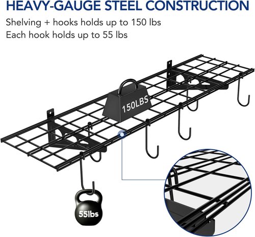 FLEXIMOUNTS Garage Wall Shelving System - 1x4 Ft Storage Rack with 6 Bike Hooks | 150 lbs Capacity