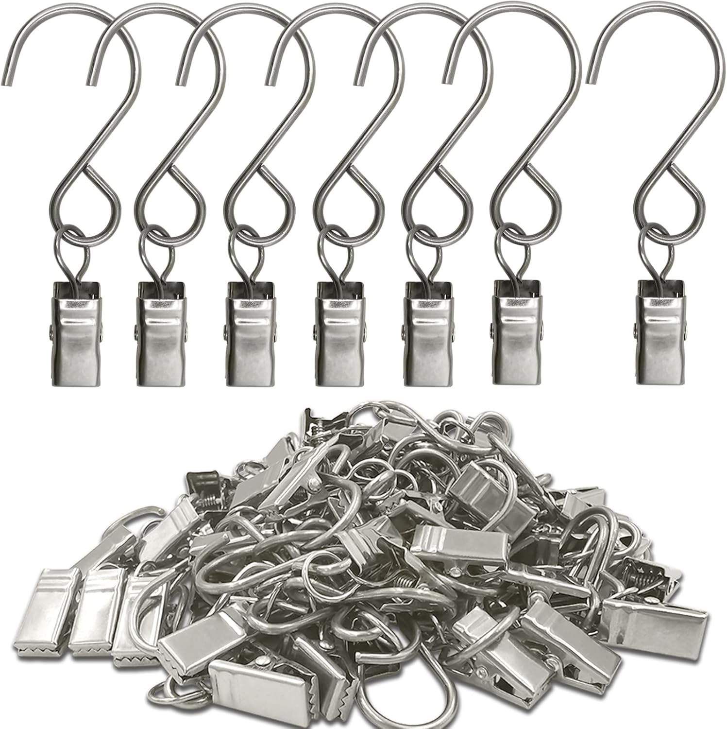 Stainless Steel S Hooks - 50 Pack Curtain Clips for Hanging Lights & Art Displays | 3 Inch, Silver