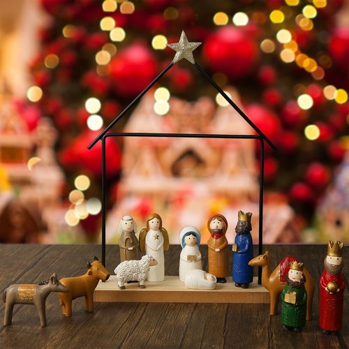 Juegoal Mini Nativity Set - 13 Resin Figurines for Christmas Decor | Holy Family Table Ornaments
