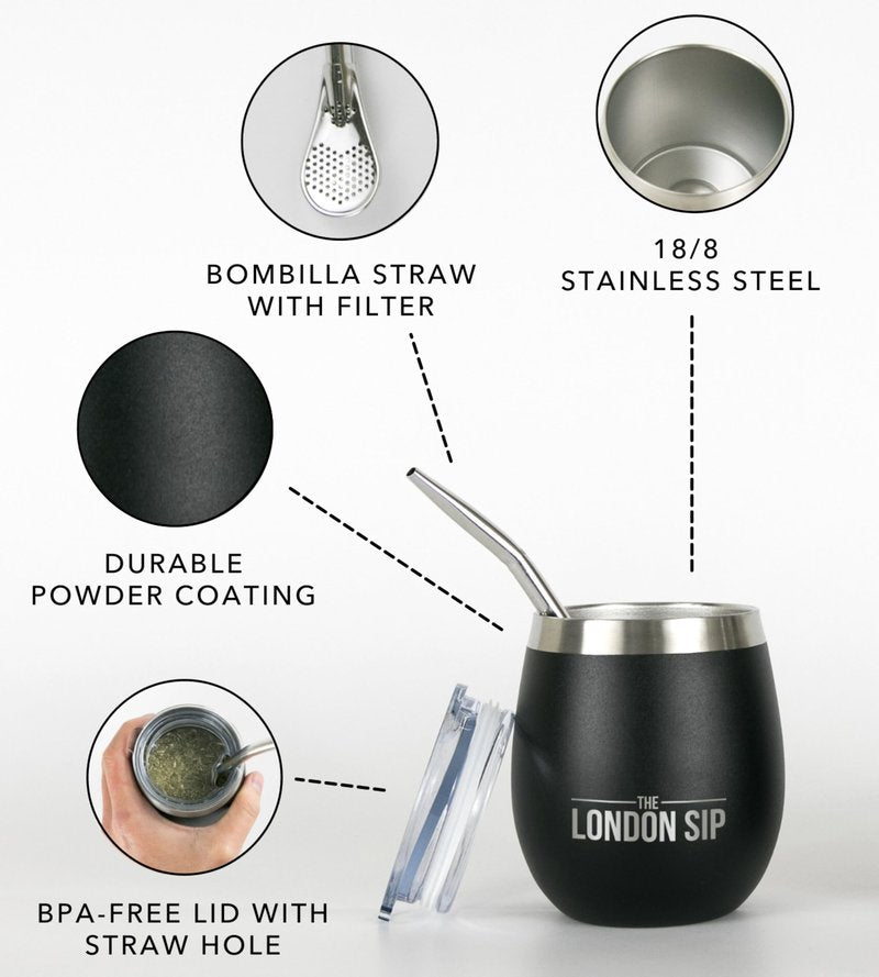 London Sip Yerba Mate Cup and Bombilla Set, Includes 2 Gourds (8 oz each), Spill Resistant Lids, Straws, Bombilla Brush and Pouch Included, Black