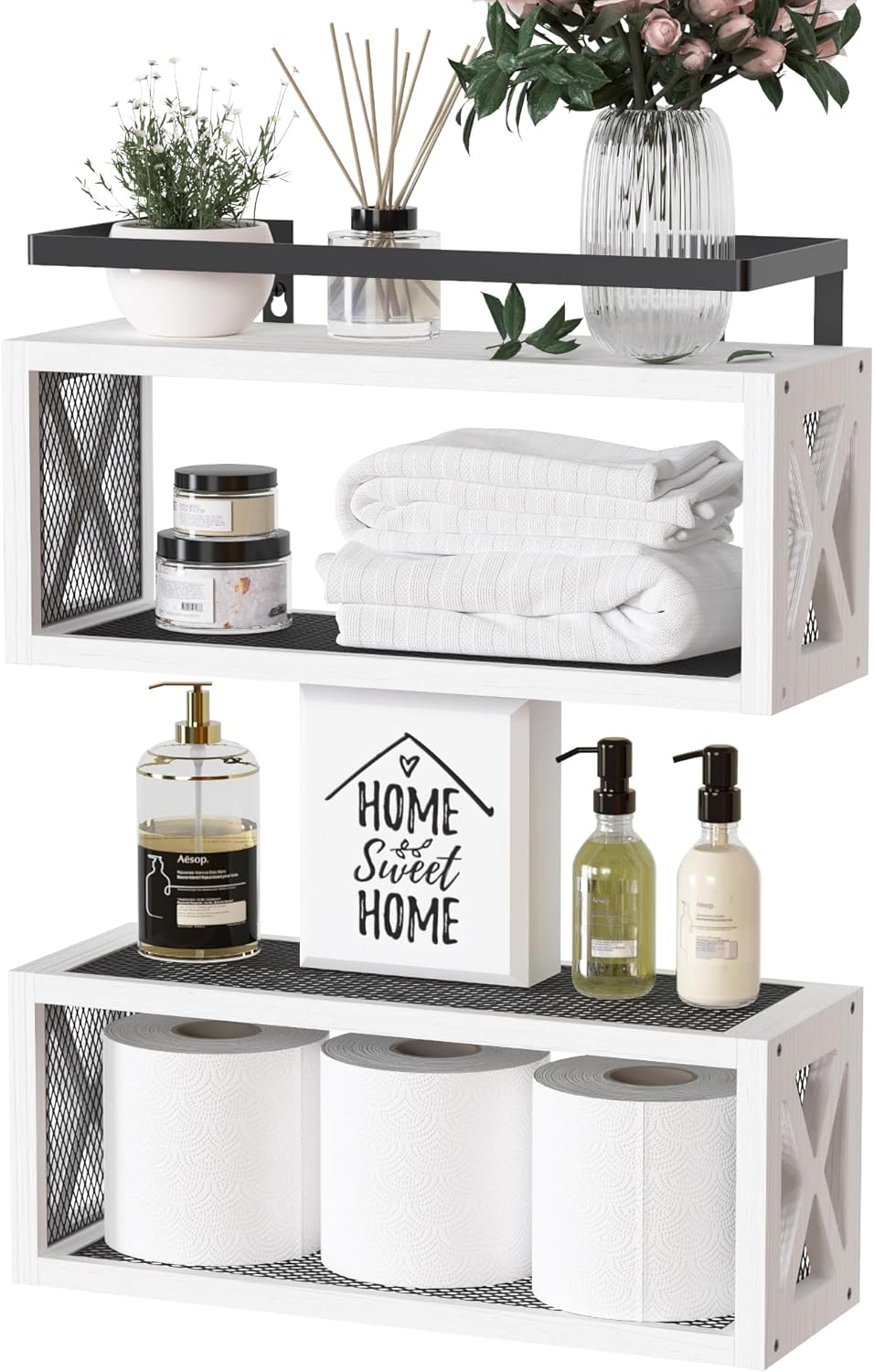 RICHER HOUSE Floating Shelves - Rustic Wall Décor with Guardrail for Bathroom & Kitchen | White