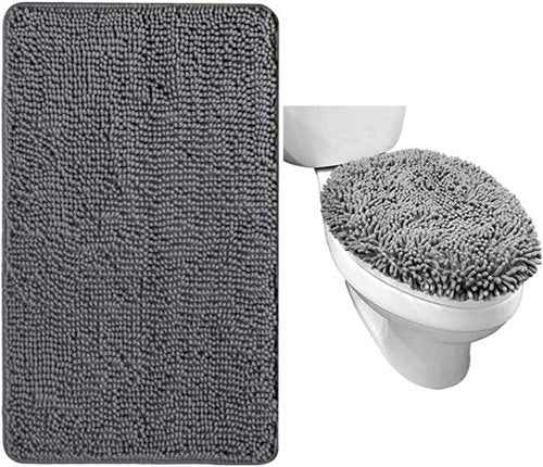 GORILLA GRIP Chenille Bath Rug Set - Gray Bath Rug (24x17) & Toilet Lid Cover (17.5x15) - Machine Washable