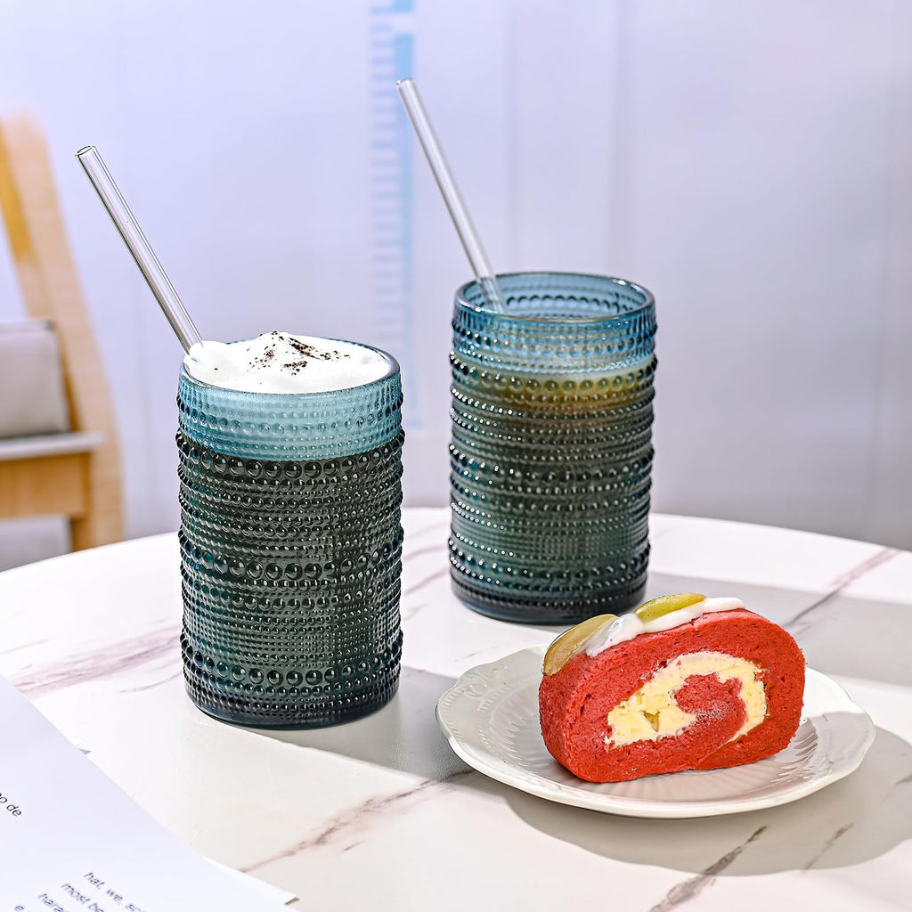 ZMOWIPDL Vintage Glassware Drinking Glasses Set of 6,15 oz Hobnail Glass Cups,Embossed Blue Water Tumbler,for Beer,Cocktail,Whiskey,Juice and Various Mixed Drinks- 1 Cleaning Brush