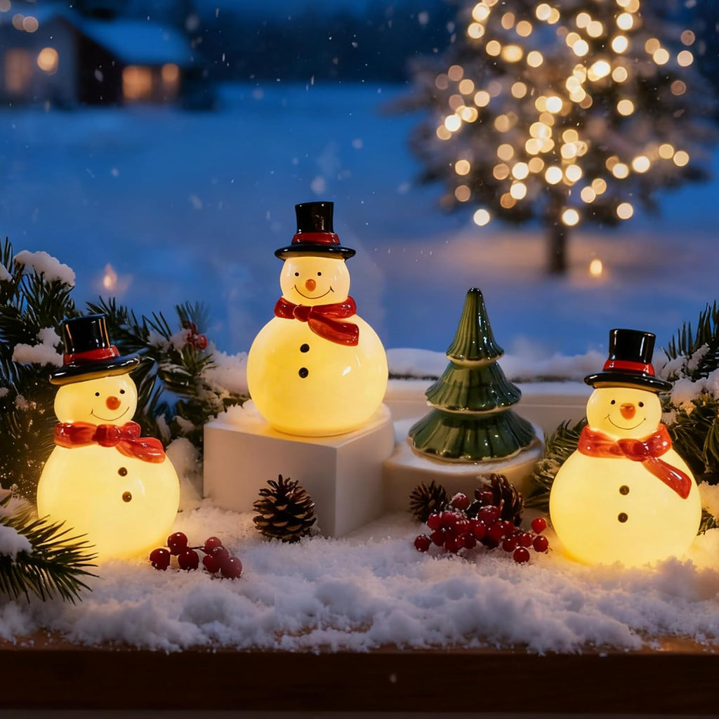 Nerousun Christmas Snowman Figurines - 3 Pack Ceramic LED Lighted Tabletop Decorations | Winter Xmas Decor